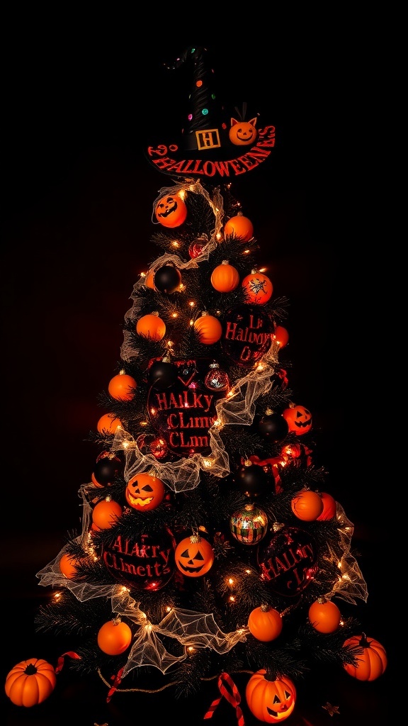 Halloween-Themed Christmas Tree Decoration A Halloween-themed Christmas tree decorated with black and orange ornaments, spider webs, and spooky lights.